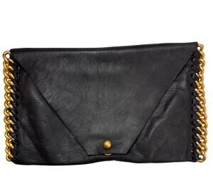 Madison Kelly NYC Black Textured Leather Gold Chain Magnetic Flap Clutch Handbag